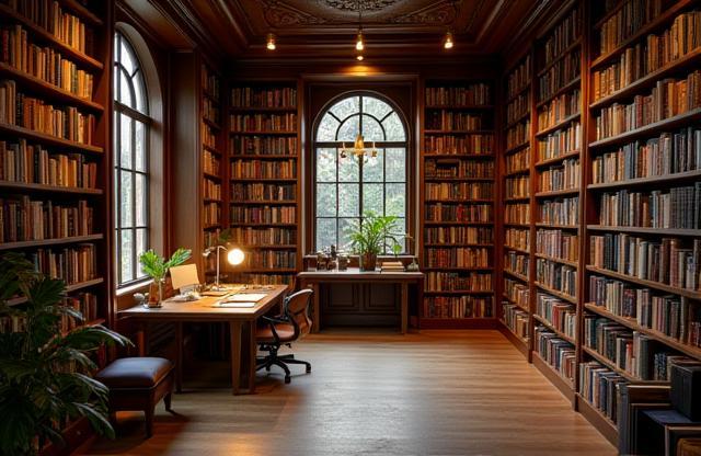 Interior view of a cozy office space with books