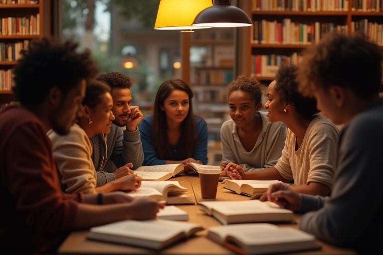 Grupo de pessoas discutindo livros em um ambiente acolhedor